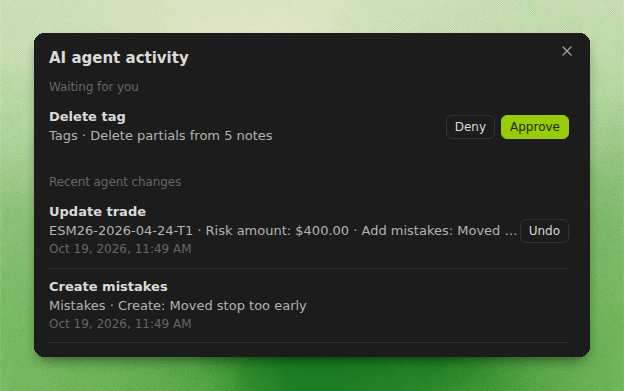 AI agent activity window with a Delete tag request under Waiting for you, which would delete partials from 5 notes, with Deny and Approve buttons, and Recent agent changes listing an Update trade change with an Undo button and a Create mistakes change