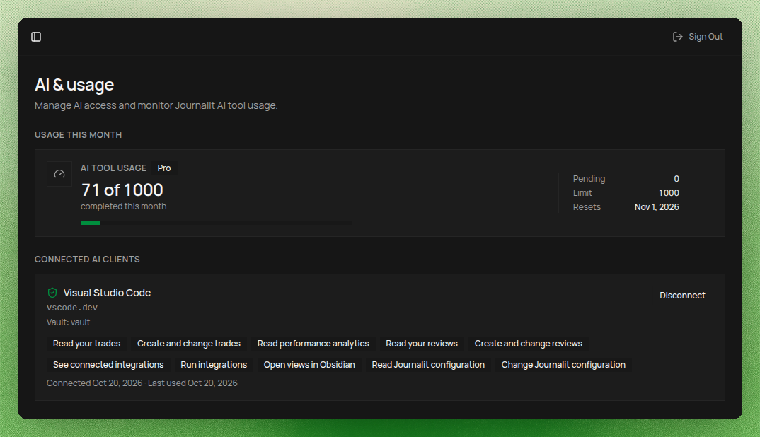 AI and usage page on journalit.co showing Pro AI tool usage of 71 of 1,000 completed this month with Pending 0, Limit 1,000 and a reset date of 1 November 2026, and a connected Visual Studio Code client for the vault named vault with its granted permissions, connected and last used dates, and a Disconnect button