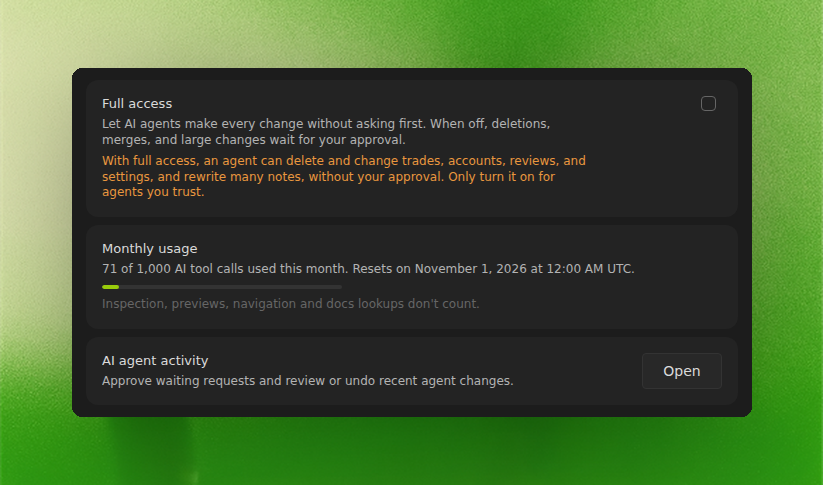 Lower part of the AI apps (MCP) settings: the Full access toggle turned off with a warning about what agents can change without approval, Monthly usage showing 71 of 1,000 AI tool calls used this month with the reset date and a note that inspection, previews, navigation and docs lookups do not count, and the AI agent activity row with an Open button