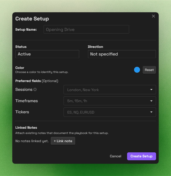 Create Setup modal showing optional preferred sessions, timeframes, and tickers fields