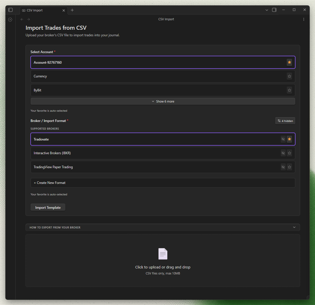 Trade import overview inside Journalit