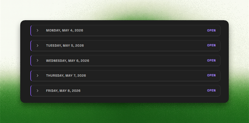 Daily Reviews by Weekday widget showing collapsible weekday rows with Open actions