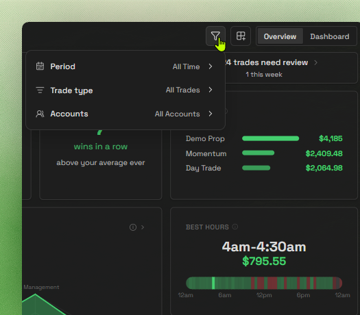 Home View Overview filter showing Period, Trade type, and Accounts selections