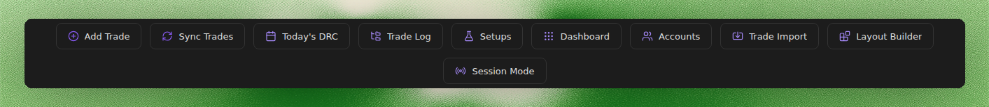 Home View Quick Links showing Add Trade, Sync Trades, Today's DRC, Trade Log, Setups, Dashboard, Accounts, Trade Import, Layout Builder, and Session Mode