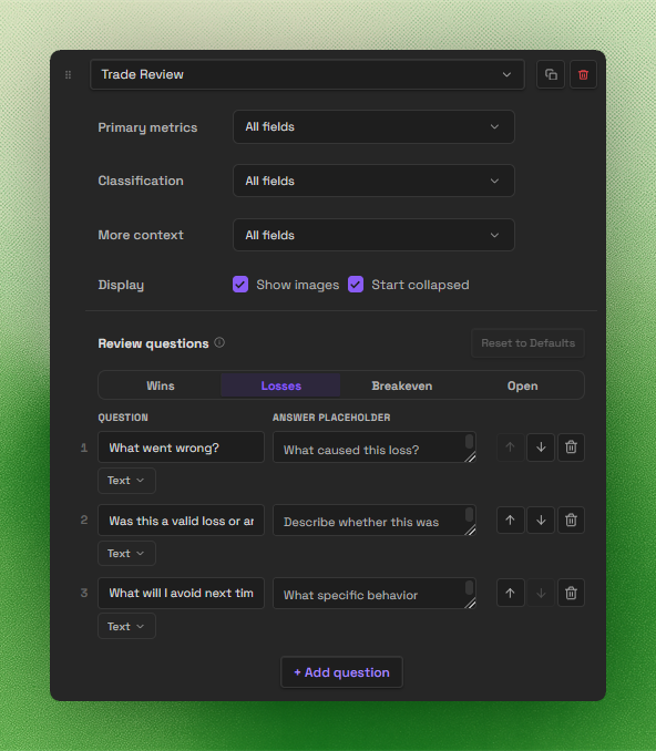 Journalit review workflow builder showing structured review notes and template layout