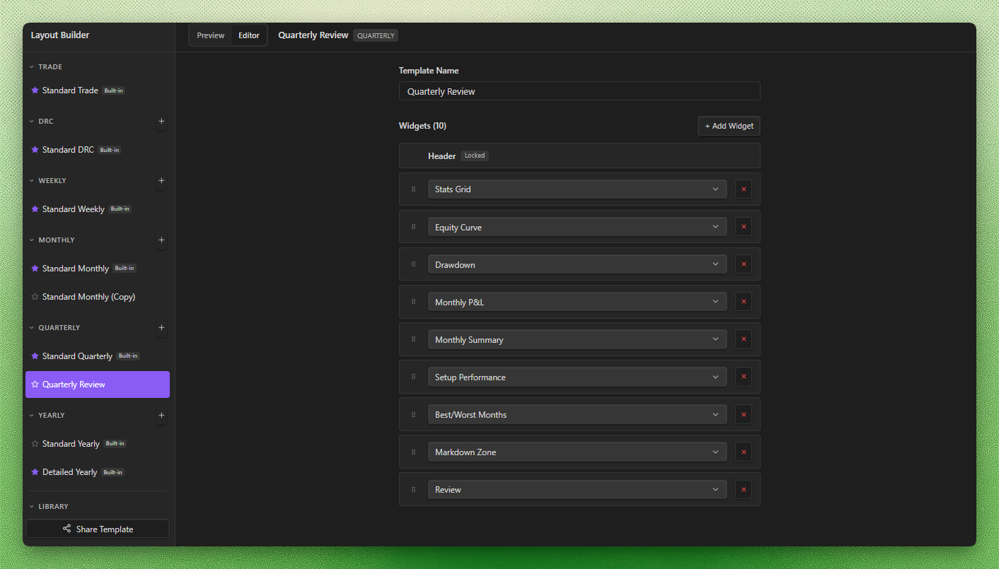 Layout Builder editor showing a review template being edited