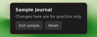 Sample journal indicator showing a practice only notice with Exit sample and Reset actions