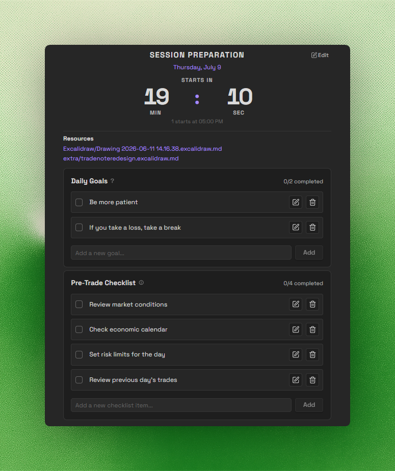 Session Mode preparation phase showing a countdown, linked resources, daily goals, and a pre-trade checklist
