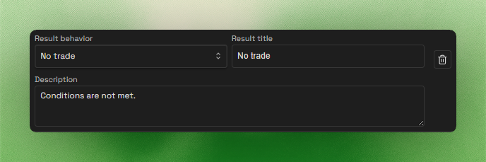 Trade Gate outcome editor showing result behaviour, title, and description fields