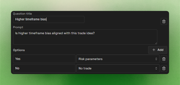 Trade Gate question editor showing a question title, prompt, options, and their destinations