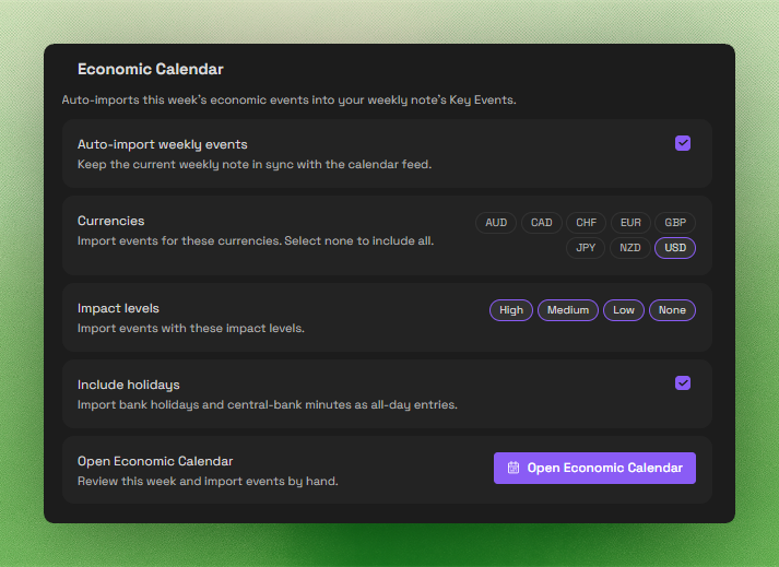 Economic Calendar settings showing automatic weekly event import enabled, USD selected under currencies, all impact levels selected, holidays included, and the Open Economic Calendar button