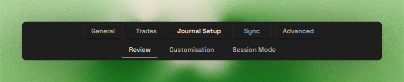 Journalit settings navigation showing General, Trades, Journal Setup, Sync, and Advanced tabs with Journal Setup subtabs