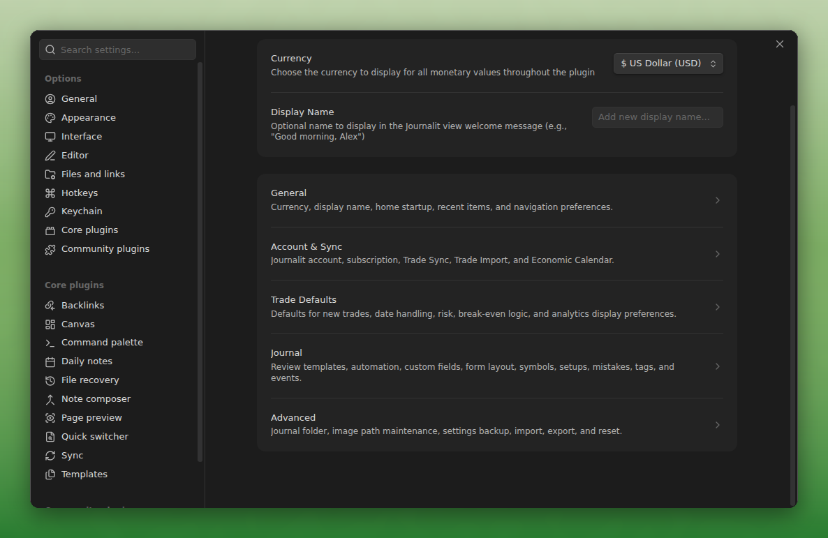 Journalit settings showing currency and display name at the top level, above rows for General, Account and Sync, Trade Defaults, Journal, and Advanced, each with a short description of what it contains