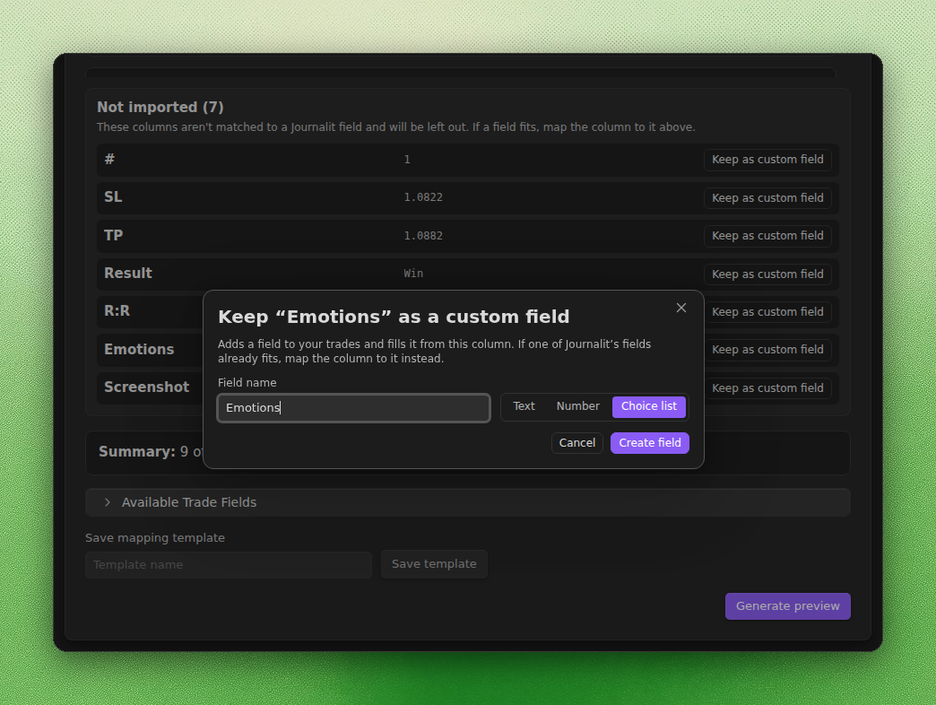 Keep Emotions as a custom field dialog with the field name Emotions and the Choice list type selected