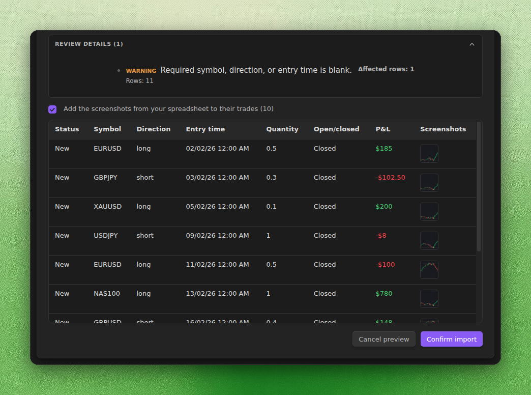 Import preview with Add the screenshots from your spreadsheet to their trades ticked and each trade showing its chart screenshot