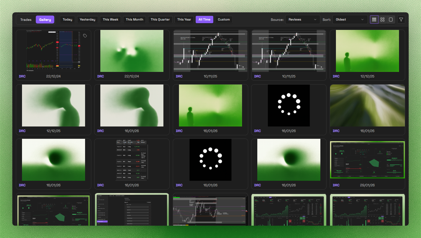 Trade Log Gallery showing the active gallery mode, date range, review source, sort and size controls, filters, and a grid of Daily Report Card media