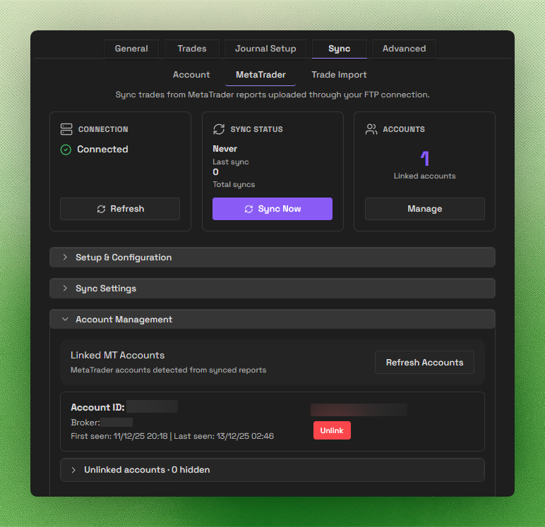Journalit Sync MetaTrader settings showing connection status, sync status, and linked MetaTrader account management