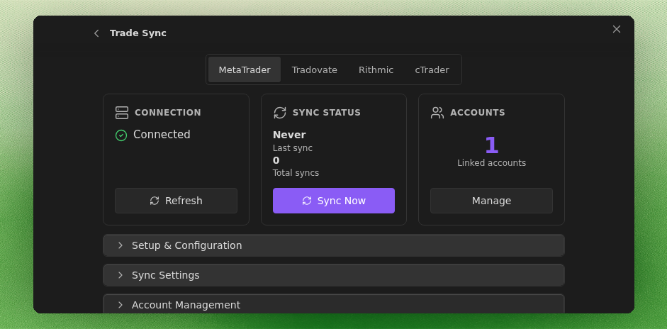 Trade Sync settings showing MetaTrader, Tradovate, Rithmic, and cTrader provider tabs with connection, sync status, and linked account cards plus a Sync Now action