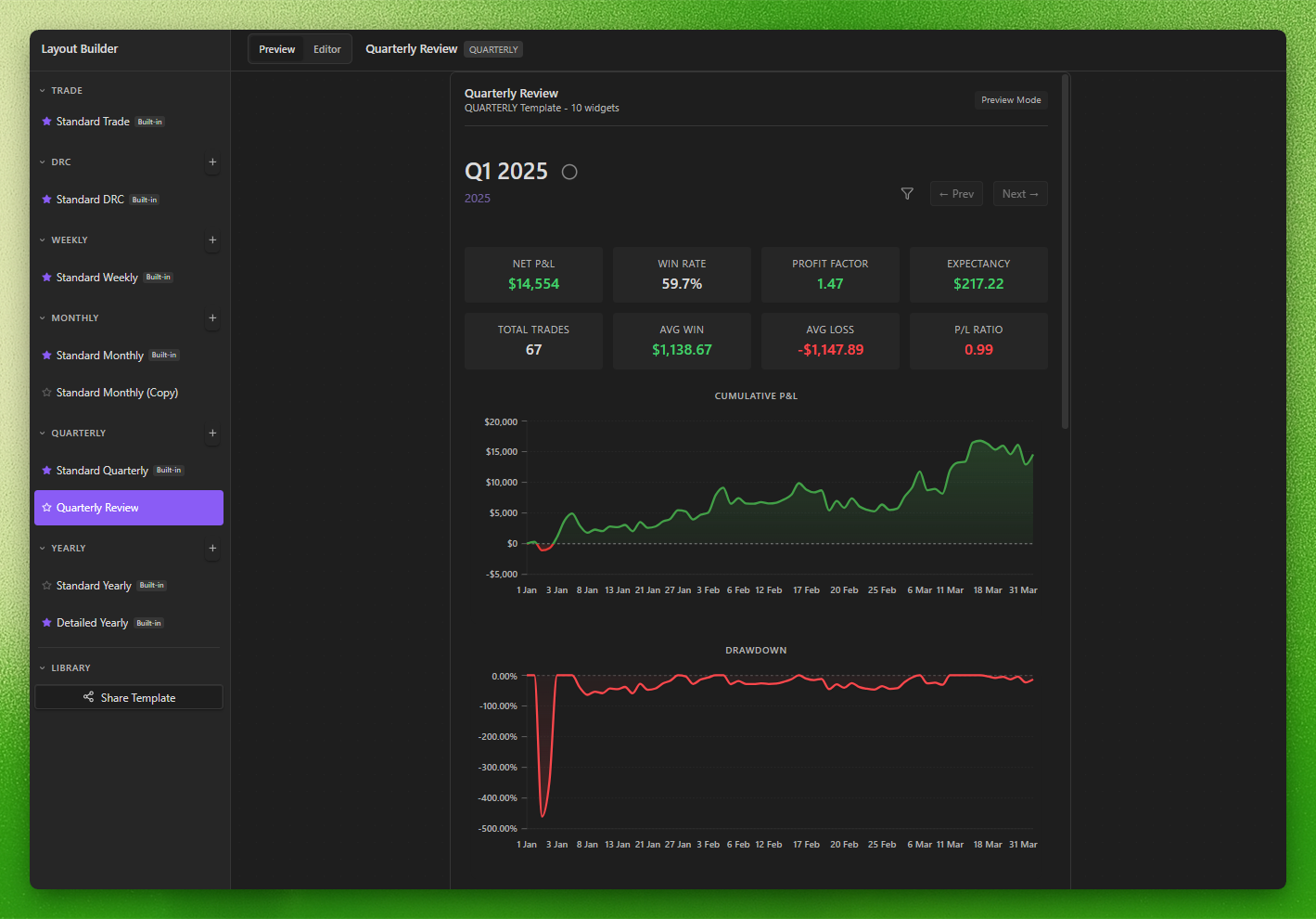 Layout Builder showing templates and a live preview