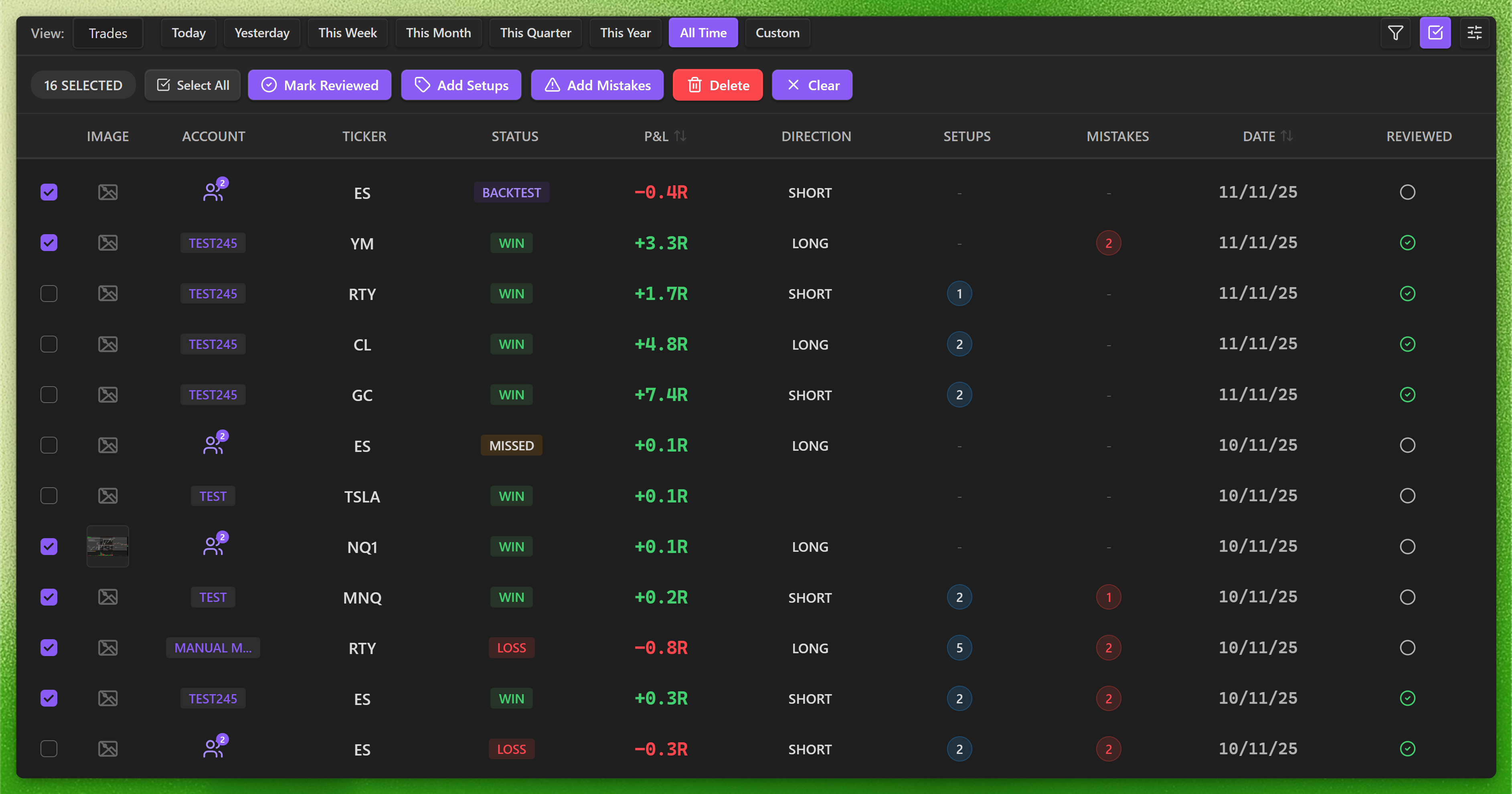 Trade log navigation feature demonstration